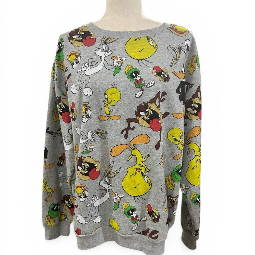 Looney Tunes All Over Print Sweatshirt Bugs Bunny Tweety Taz Gray Pullover